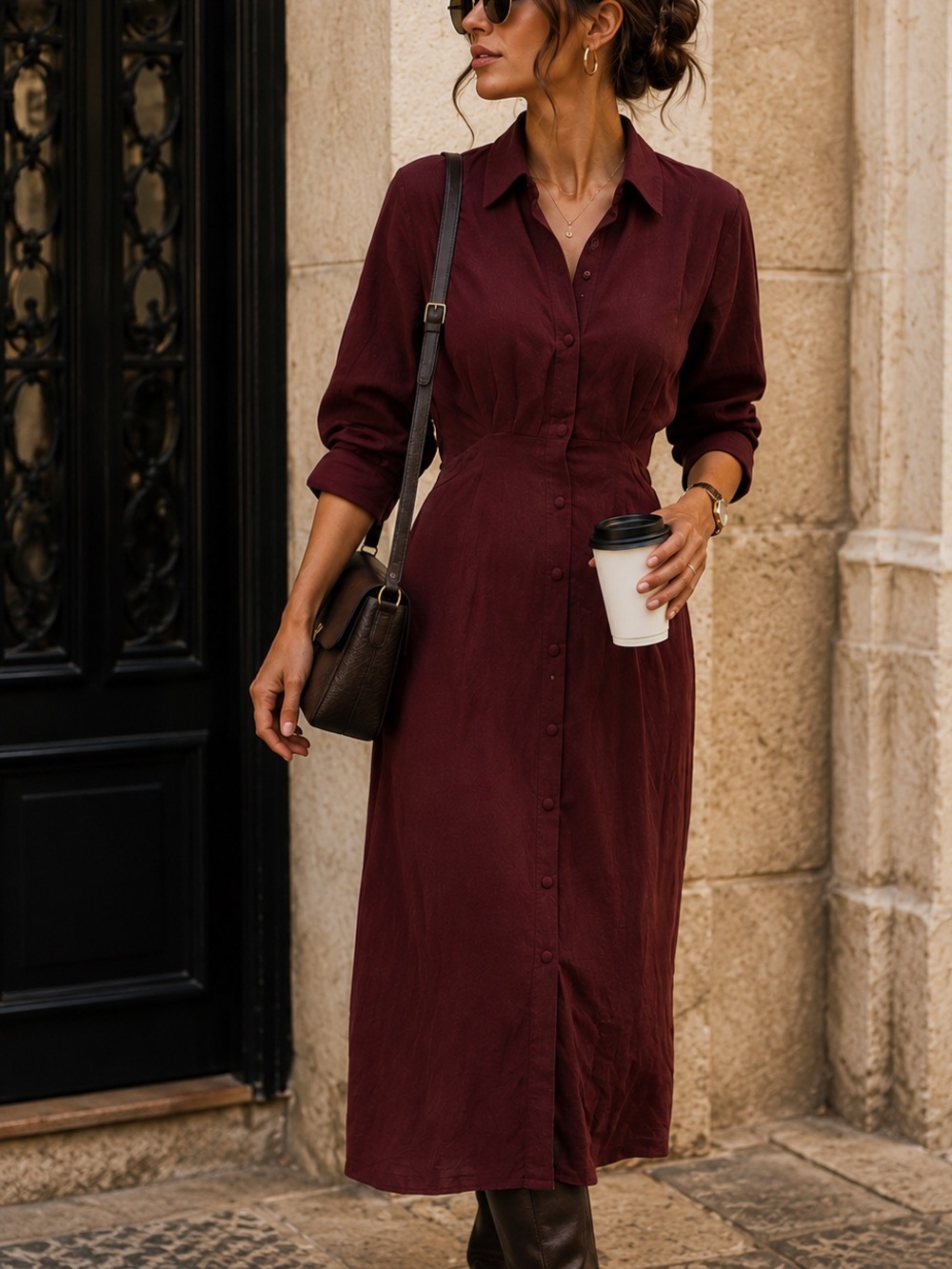 ZARA Burgundy Wine Midi Shirt Dress – Quiet Luxury – Size XS – NWT